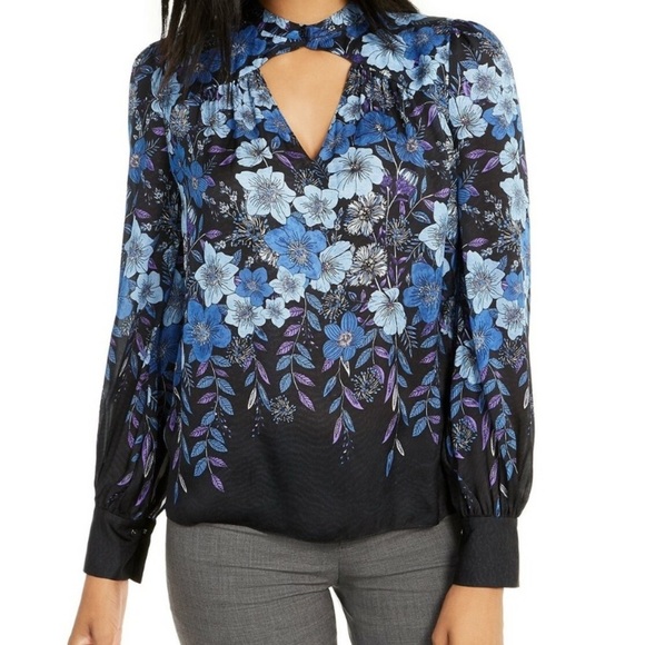 Elie Tahari Siobhan Floral Printed Silk Keyhole Blouse Dark Romantic Top M - Picture 1 of 10
